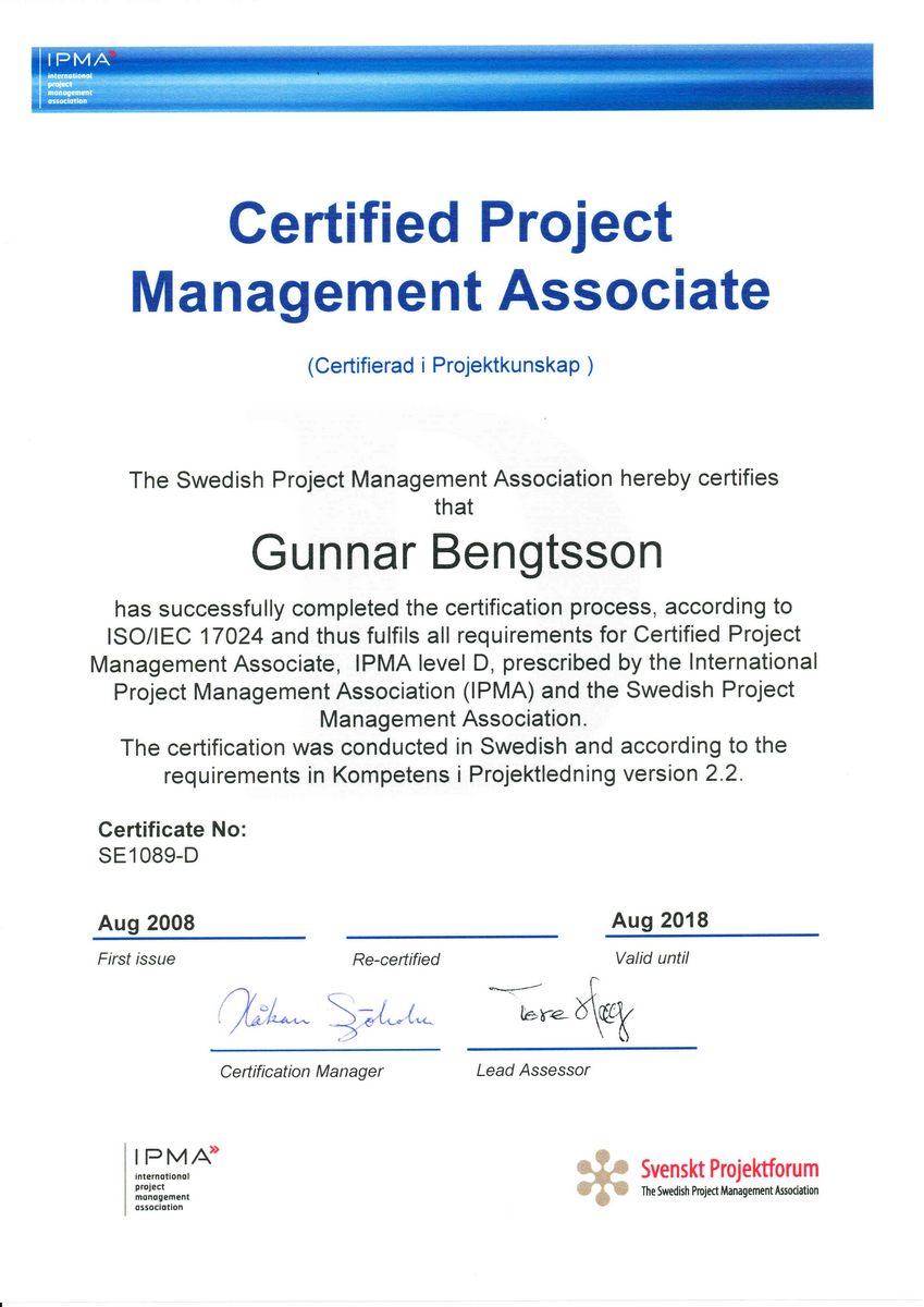 Certifikat IPMA Gunnar Bengtsson English